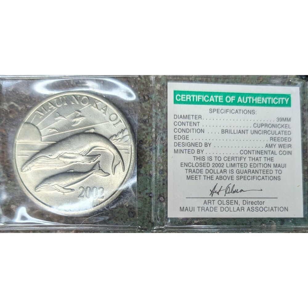 2002 Maui Trade Dollar – Whale & Dolphin Design, COA, Hawaii Token, Uncirculated